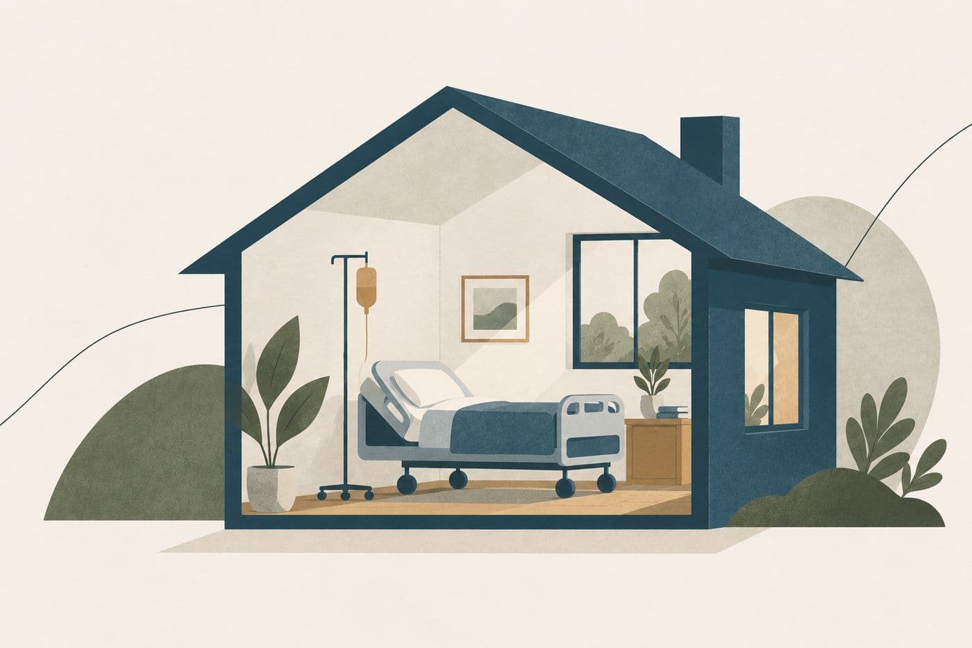 Ilustração em corte de uma casa com cama hospitalar, suporte de soro e plantas, representando tratamento domiciliar