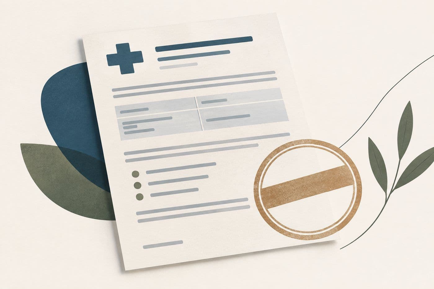 Ilustração de um formulário de autorização médica com um carimbo circular de recusa sobreposto