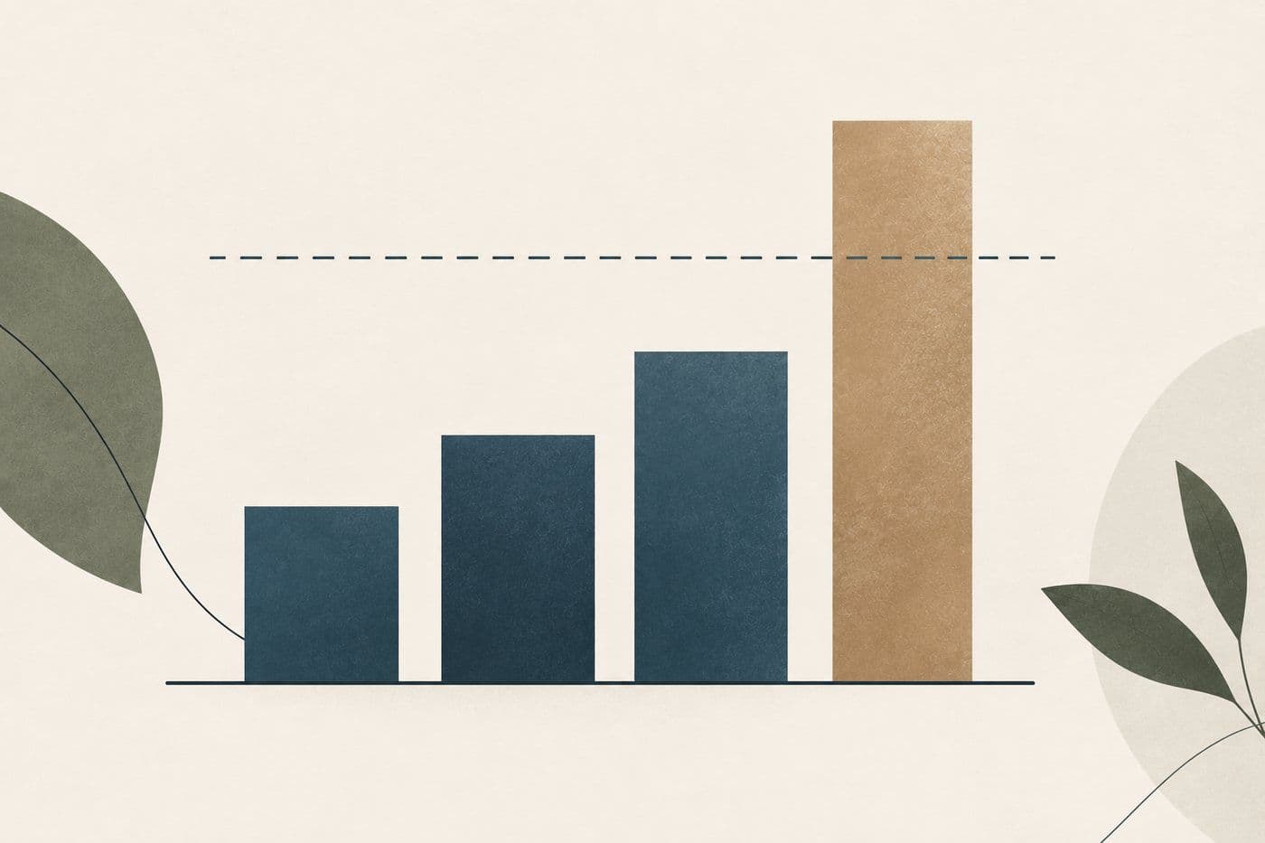 Ilustração de um gráfico de barras em que a última coluna ultrapassa uma linha tracejada de limite