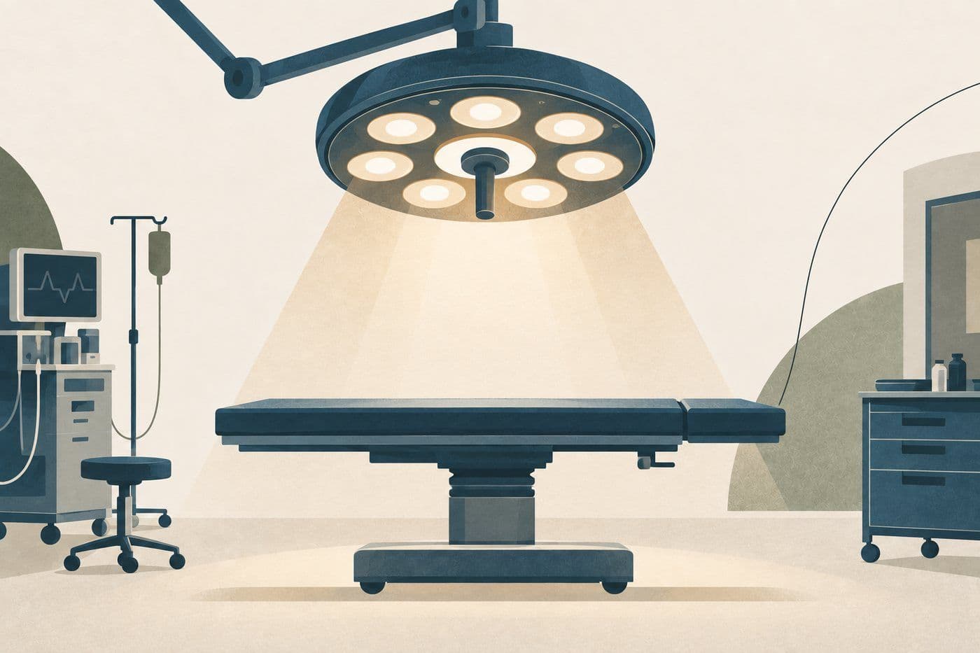 Ilustração de uma sala cirúrgica vazia, com foco de luz sobre a mesa de operação sem paciente