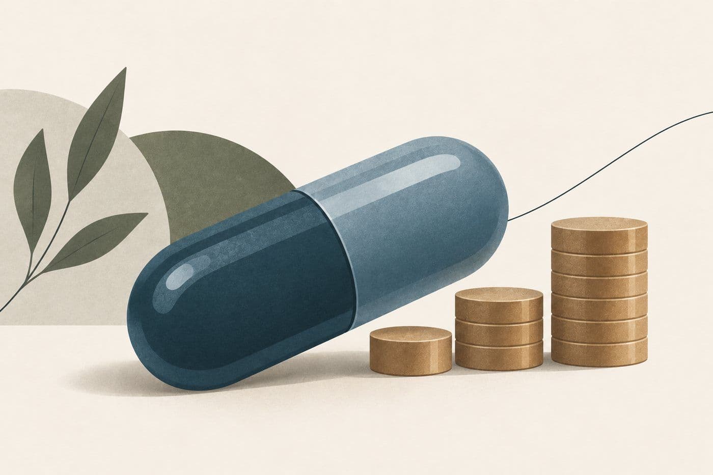 Ilustração de uma cápsula de medicamento ao lado de pilhas crescentes de moedas, representando o custo do tratamento